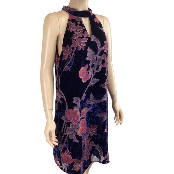 Skies Are Blue Velvet Floral Halter Dress Size Medium Shift Keyhole - Picture 5 of 8